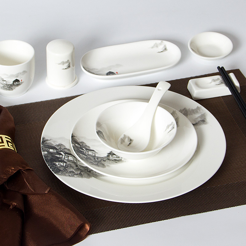 Hotel Tableware Set, Hotel Plate, Bowl, Spoon Four-Piece Set, New Chinese-Style Restaurant Plates, Bowls, Chopsticks, Ceramic with Logo Printing Hotel Tableware Set, Hotel Plate, Bowl, Spoon Four-Piece Set, New Chinese-Style Restaurant Plates, Bowls, Chopsticks, Ceramic with Logo Printing