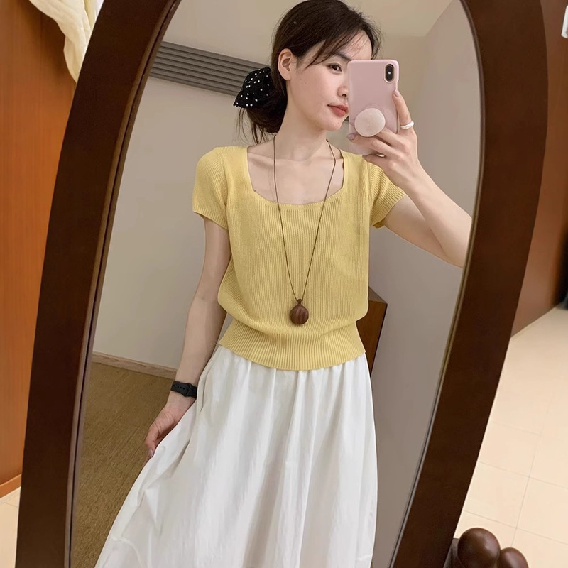 夏スクエアネッククラインブルー半袖セーター婦人服韓国風ショートアイスシルクボトムシャツ西洋スタイル痩身トップ|undefined