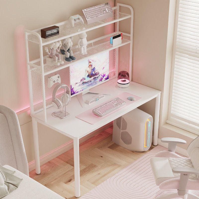 E-Sports Table for Girls Frosted Tempered Glass Desktop with Metal Storage Rack Hole Board Table Frame Integrated Computer Table
