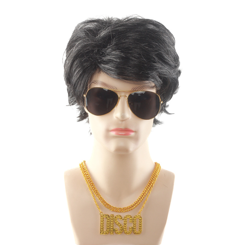 Black and white mixed silk men's hair + gold frame gray toad mirror + double braided necklace + disco necklace