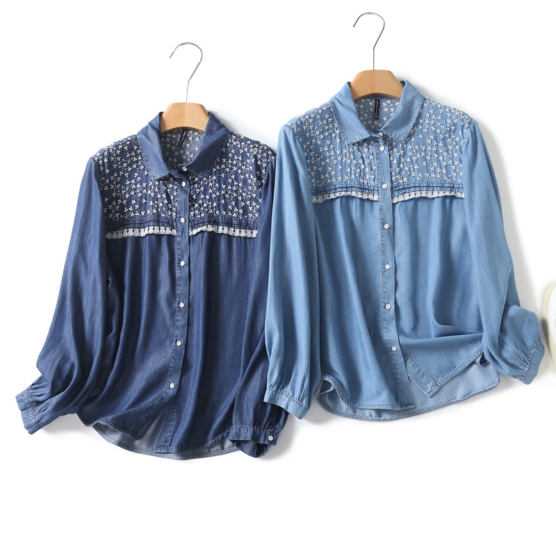 A002 vintage lace stitching embroidered Tencel Denim long-sleeved shirt for women 2024 spring new slimming top