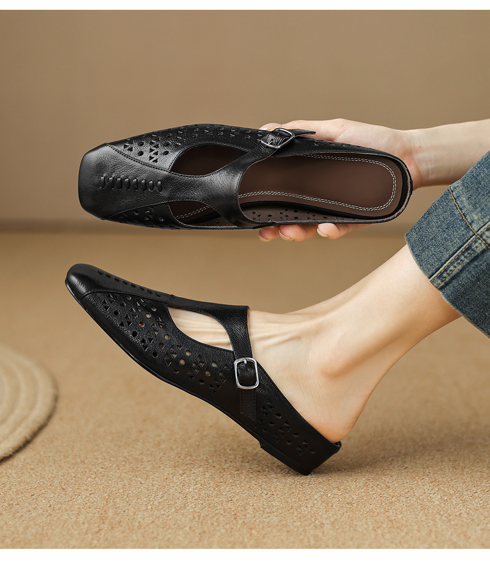 Dép sandal nữ xỏ ngón đế bệt quai chữ T đục lỗ mùa hè — đen chi tiết 19