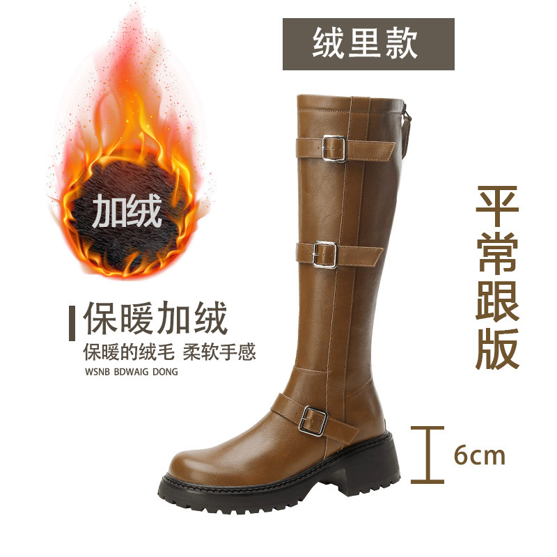 牛皮版时尚高跟骑士靴2025秋季新款女厚底百搭不过膝盖长筒靴长靴|undefined