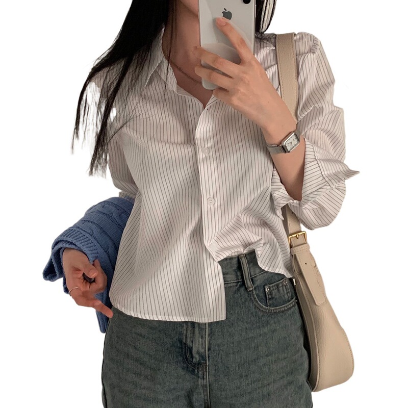 跨境秋季新款韩国chic基础款简约休闲条纹衬衫高级感长袖女式衬衣|undefined