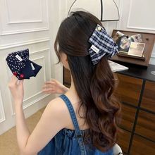 复古英伦学院风牛仔布艺纽扣布料抓夹蓝红格纹波点抓夹子鲨鱼夹