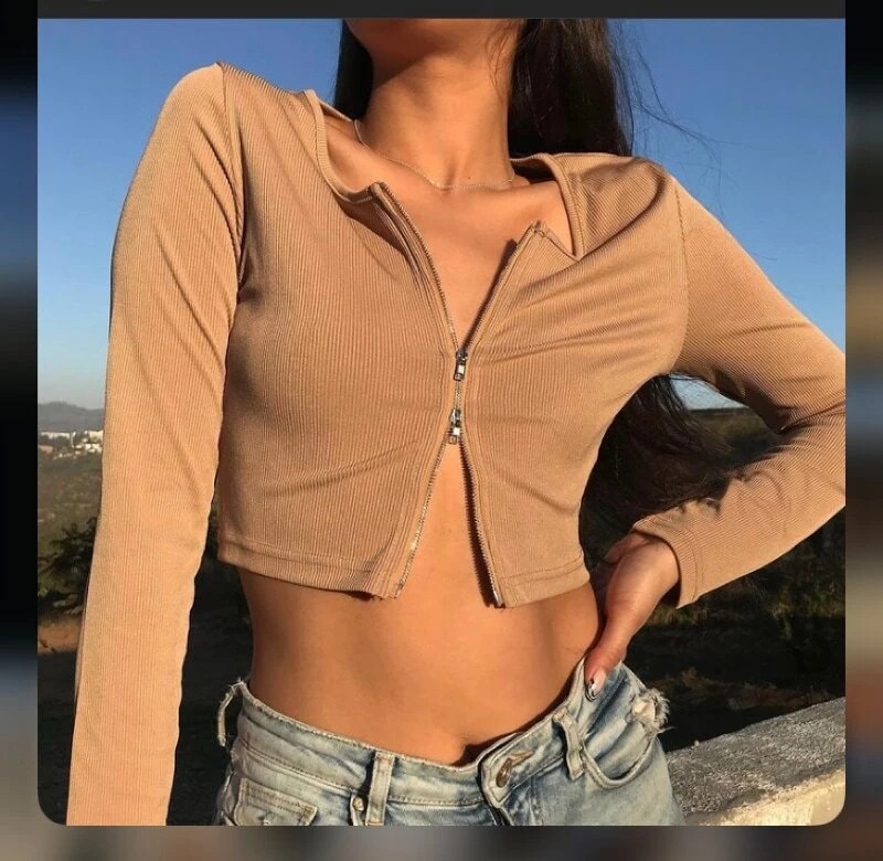 Regular Zipper Knitting O-neck Crop Top