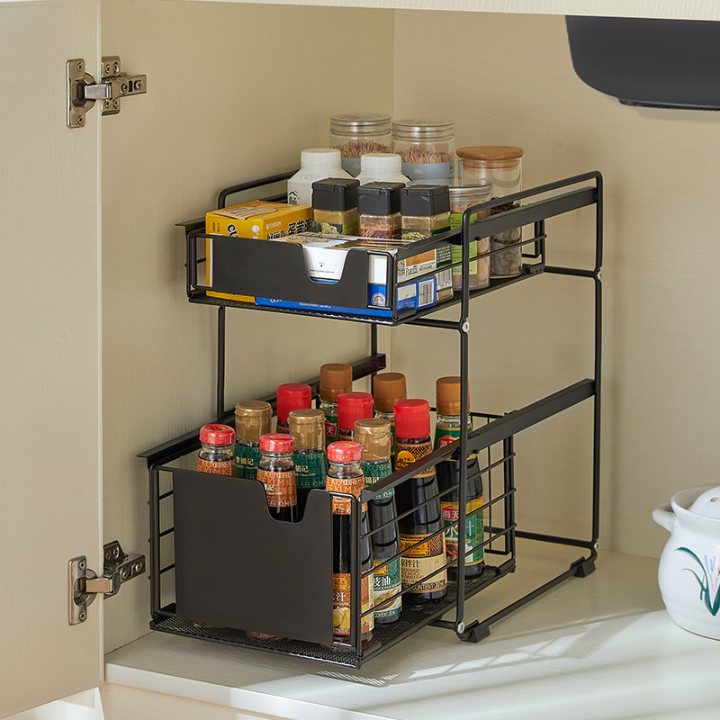 Kitchen sink storage shelf, drawer-style countertop utility storage sliding tiered rack, bathroom multi-layer pull-out shelf