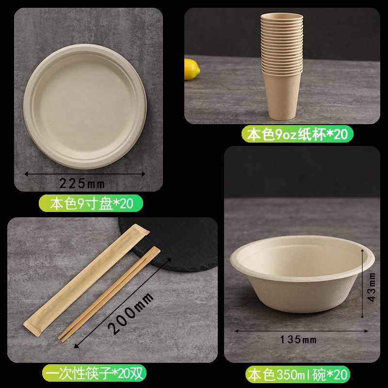 Bandeja de papel desechable, tazón de papel, pulpa de caña de azúcar, barbacoa degradable, camping, plato de papel grueso para el hogar, juego de palillos