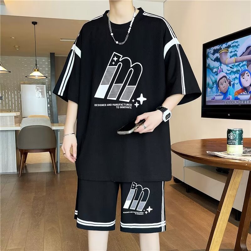 Tide brand waffle short sleeve junior high school boys teenagers 2024 new summer students handsome trend two suit