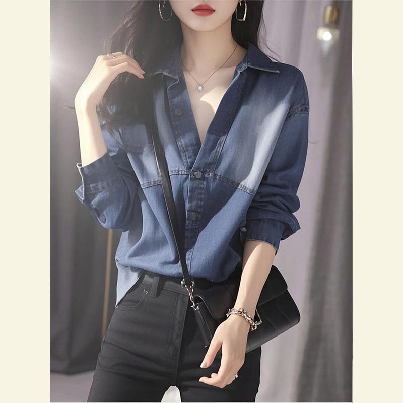 Blue Denim Shirt for Women, Spring and Autumn 2026 New Trendy Unique Stylish Beautiful French-Style High-End Top Blue Denim Shirt for Women, Spring and Autumn 2026 New Trendy Unique Stylish Beautiful French-Style High-End Top