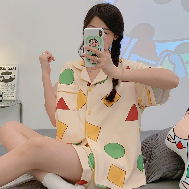 New Cute Anime Geometric Figures Small New Summer Explosions Imitation Cotton Milk Silk Cardigan Short Sleeve Sleeping New Cute Anime Geometric Figures Small New Summer Explosions Imitation Cotton Milk Silk Cardigan Short Sleeve Sleeping