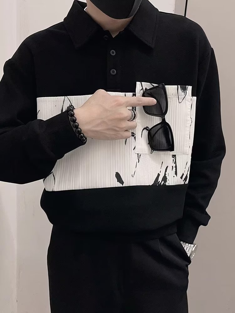 Men's high-end polo shirt collar sweatshirt contrasting color patchwork shirt men's top new spring and autumn outerwear_voghion.com