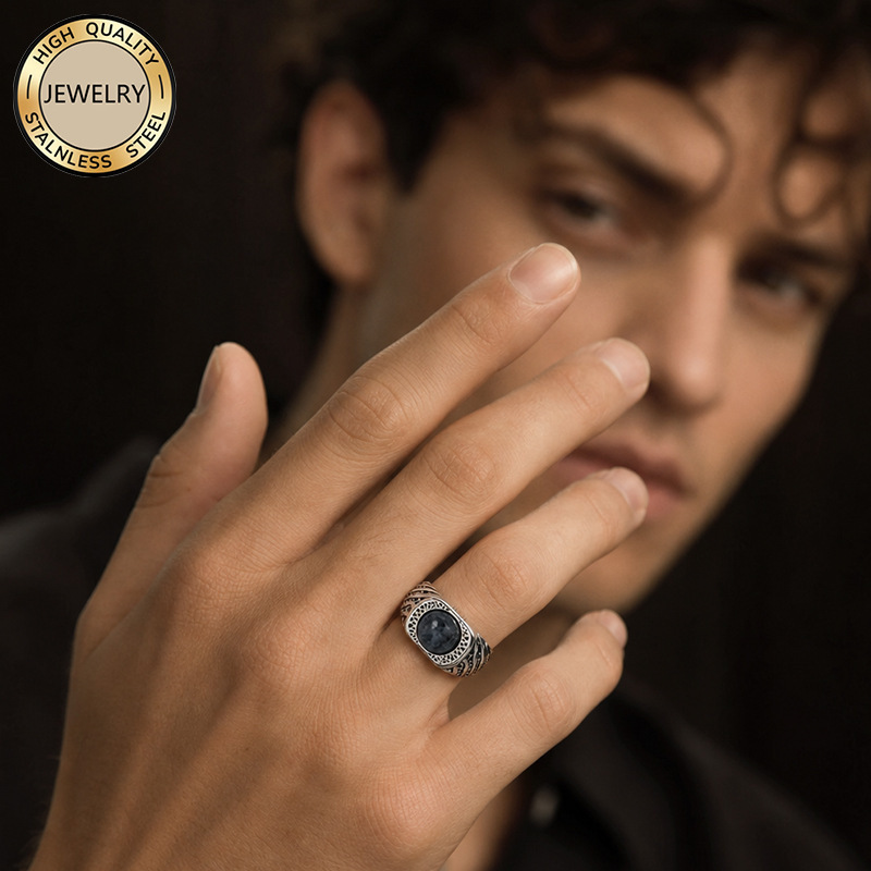 Vintage Hollow Pattern Men's Ring with Distressed Inlay of Gray-Black Cloud Stone, Trendy Men's Personality Ring Wholesale Vintage Hollow Pattern Men's Ring with Distressed Inlay of Gray-Black Cloud Stone, Trendy Men's Personality Ring Wholesale