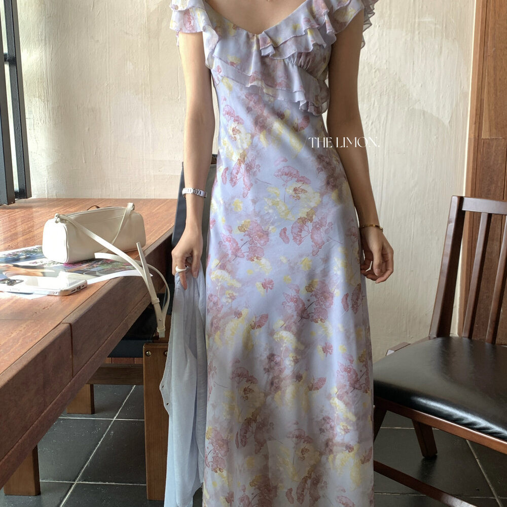 Đầm maxi nữ thắt eo cổ yếm họa tiết hoa nhí phong cách Pháp — màu tím