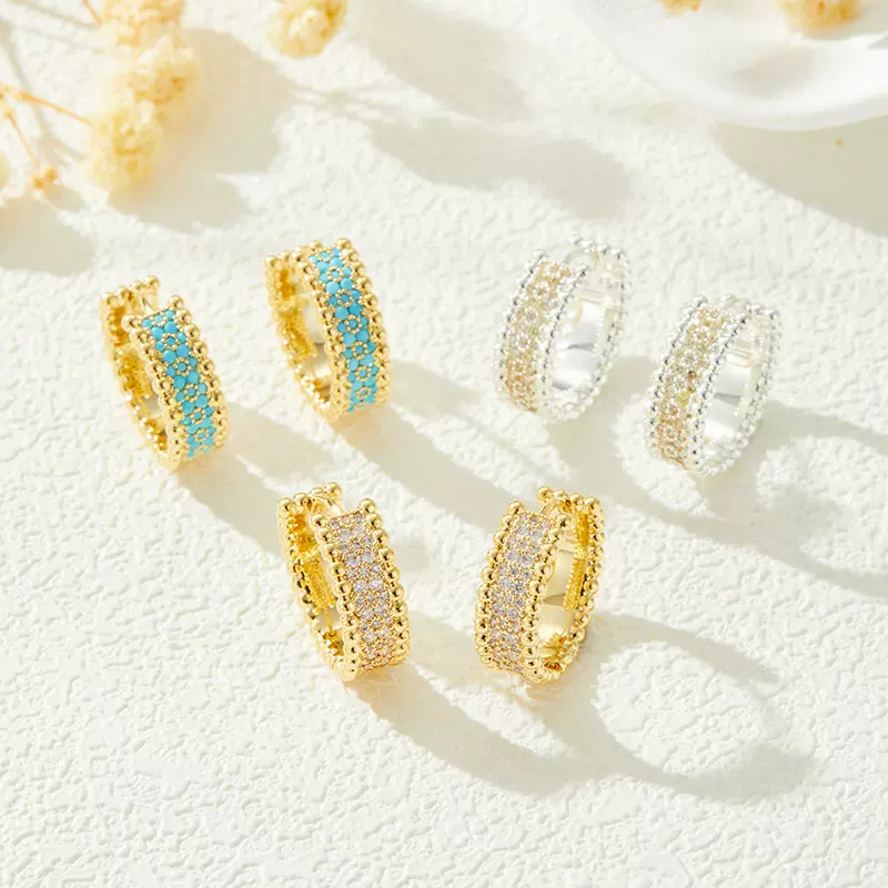 复古吸睛金色圆珠边蓝松石耳环个性几何造型超百搭耳扣新款女耳饰