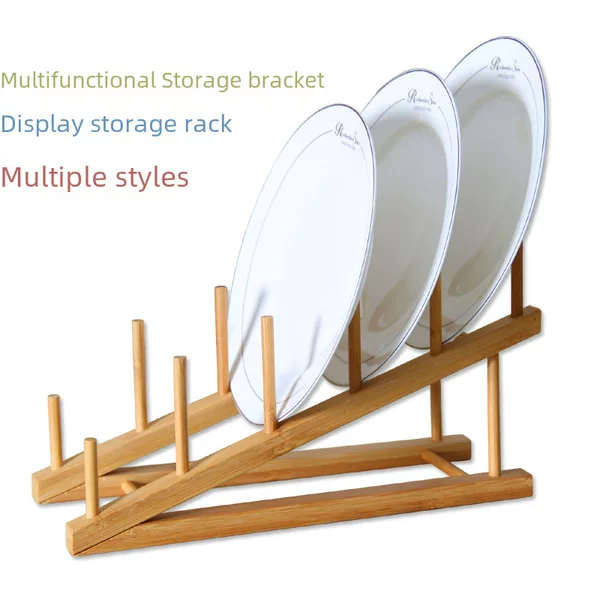 Multi-functional Plate Storage Rack Household Kitchen Bamboo Display Storage Rack Dishes Dinner Plate Drain Rack