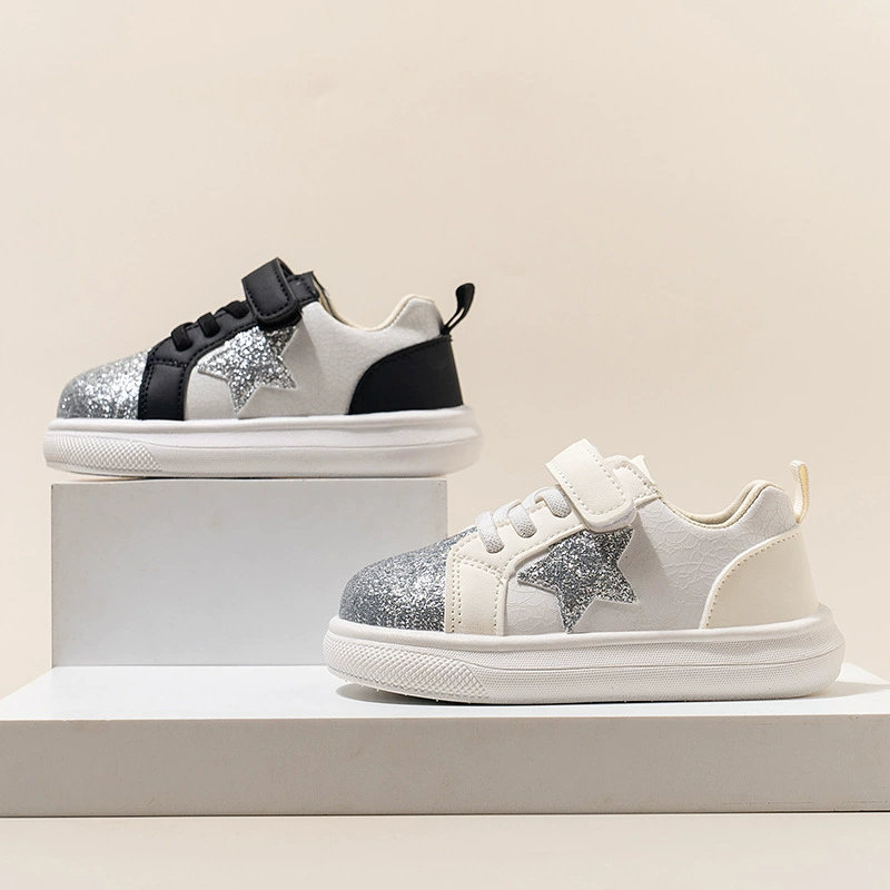 2025 новая трансграничная внешняя торговля взрывные детские кроссовки спортивные маленькие белые туфли с блестками пятиконечные звезды мужская и женская детская обувь