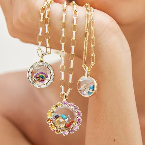 European and American Cross-Border Hot-Selling Glass Opening and Closing Necklace DIY Accessories with Hollow Design That Can Open to Reveal a Photo Frame, Colorful Zircon, 14K