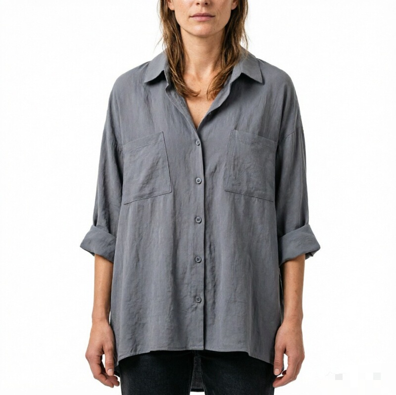 European and American Amazon Cross-Border Solid Color Fashion Shirt for Women, Casual Style Cotton and Linen Loose Fit Double Pocket Mid-Length Shirt