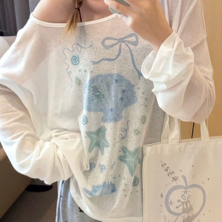 Sun Protection Cover-Up Long-Sleeve T-Shirt for Women, Unique Print, Summer Design, Stylish, Cute, Loose Fit, Versatile, Thin Top