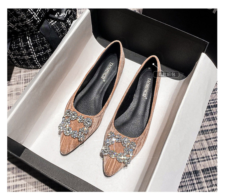 Giày búp bê nữ mũi nhọn nhung nhung Pháp khóa vuông đính đá, đế bằng, gót thấp 1–3 cm — Màu hồng (đáy phẳng), Màu đen (đế bằng) chi tiết 5
