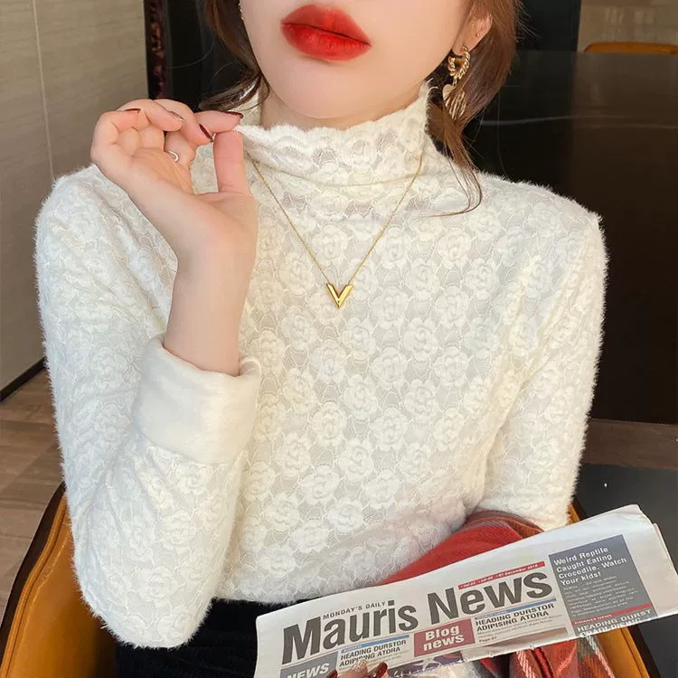 Кружевная Базовая рубашка с высоким воротником, Женская осенне-зимняя Европейская внутренняя рубашка, футболка с начесом и длинными рукавами, сетчатый полый топ