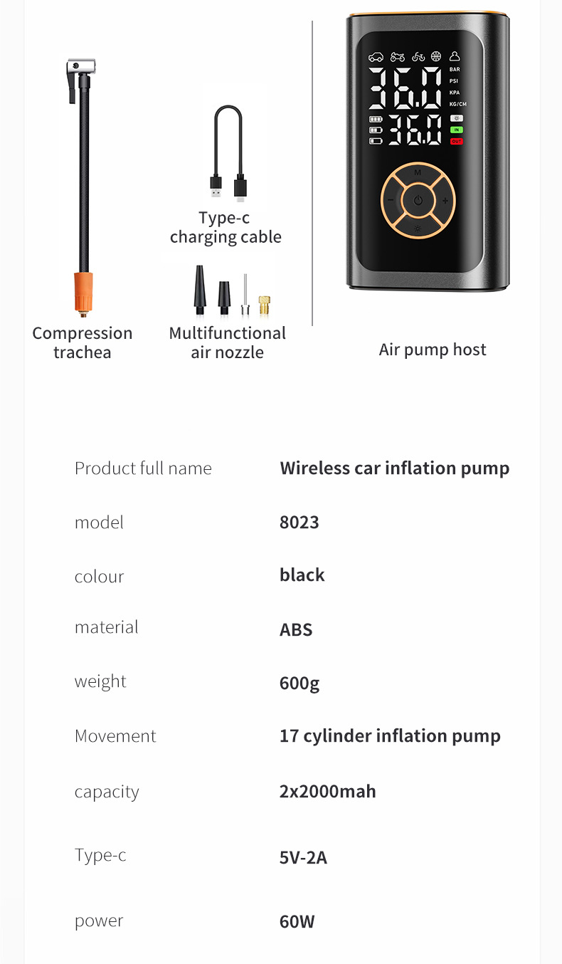 Car-Mounted Wireless Air Pump, Portable Multi-Functional Digital Display Emergency Air Pump, Tire Inflator for Electric Vehicles