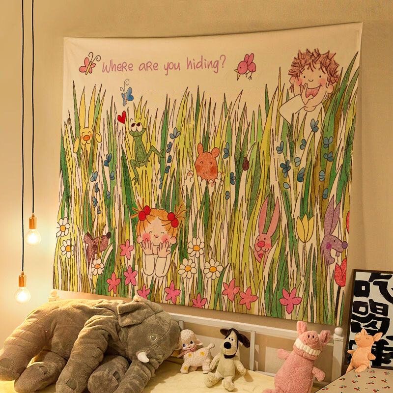 オイルパステルイラスト COCOソース かわいいおやすみ吊り布 子供部屋 寝室 壁飾り 雰囲気背景布 壁布|undefined