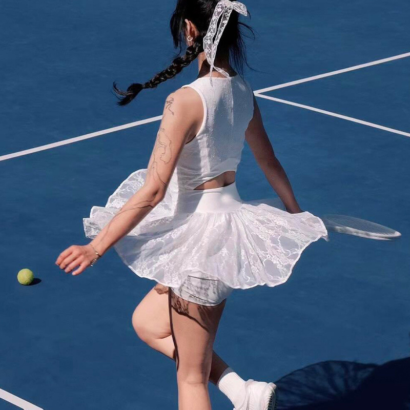 Cross-border retro lace one-piece tennis skirt for women, high-waisted, slimming, anti-exposure, with pockets, backless badminton sports skirt