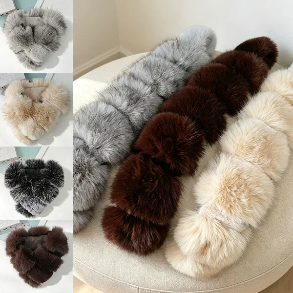 Autumn and winter warm, thickened faux fox fur scarf, faux fur plush neck warmer, face-slimming fluffy scarf, pull-over style