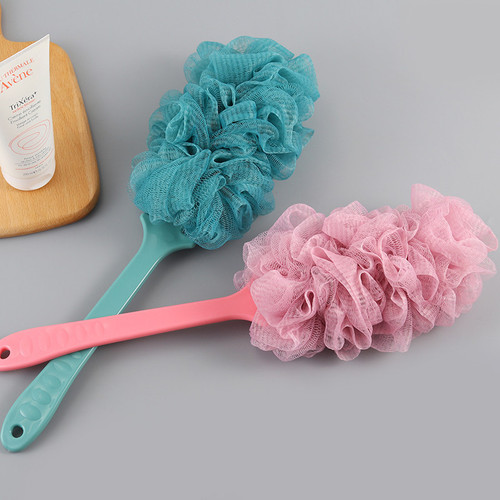 Bath ball for lathering, shower sponge with long handle, back scrubber towel, massage bubble net—large-sized bath flower accessory
