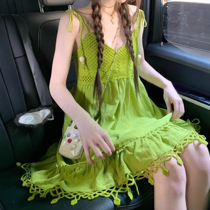 Avocado Green Suit Tassel Sleeveless Suspender Dress Women's Summer New Sun Protection Cardigan Light Luxury Avocado Green Suit Tassel Sleeveless Suspender Dress Women's Summer New Sun Protection Cardigan Light Luxury