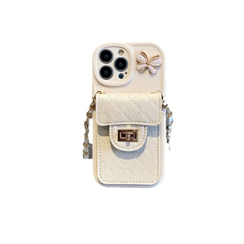 Rhombic estilo Chanel para Apple 15 teléfono caso titular de la tarjeta iPhone14 crossbody cuerda 13PROMAX silicona suave caso