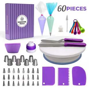 In-Stock Amazon 60-Piece Cake Turntable Decorating Nozzle Set Muffin Cup Plastic Box Decorating Scissors Decorating Bag Factory
