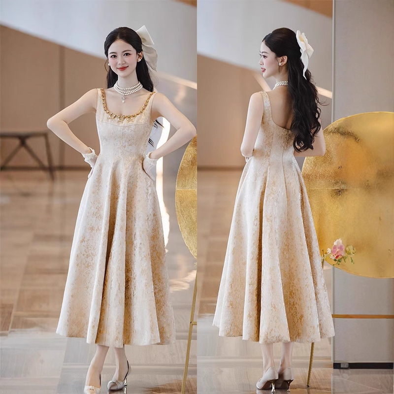 Bridal Engagement Toast Dress Classy Suspender Waist Design Birthday Party Party Dress Champagne Color Dress Bridal Engagement Toast Dress Classy Suspender Waist Design Birthday Party Party Dress Champagne Color Dress