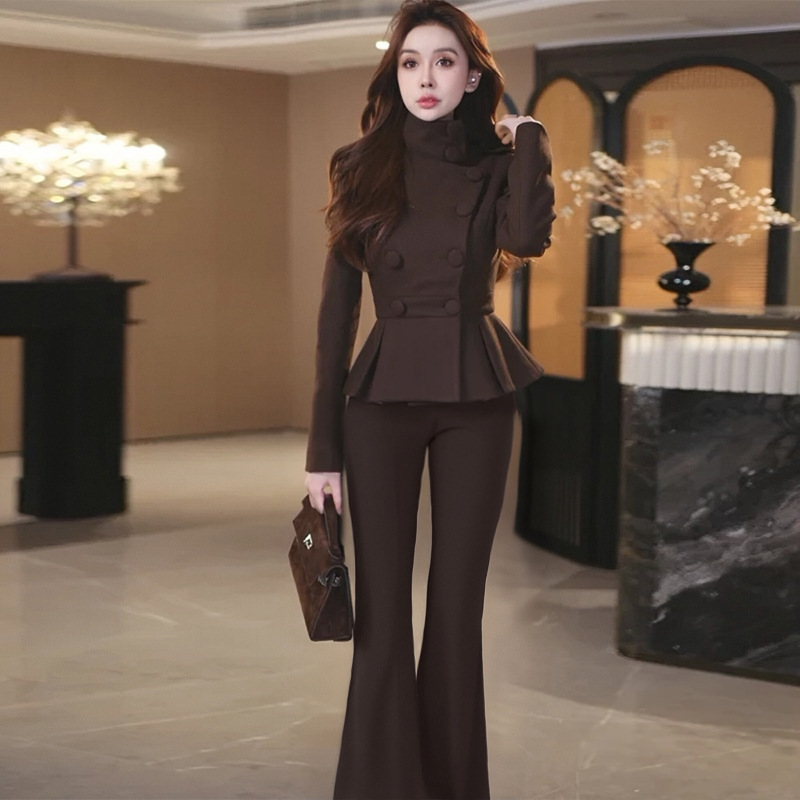 高级感时尚休闲套装女2025秋季设计感立领双排扣上衣阔腿裤两件套|undefined