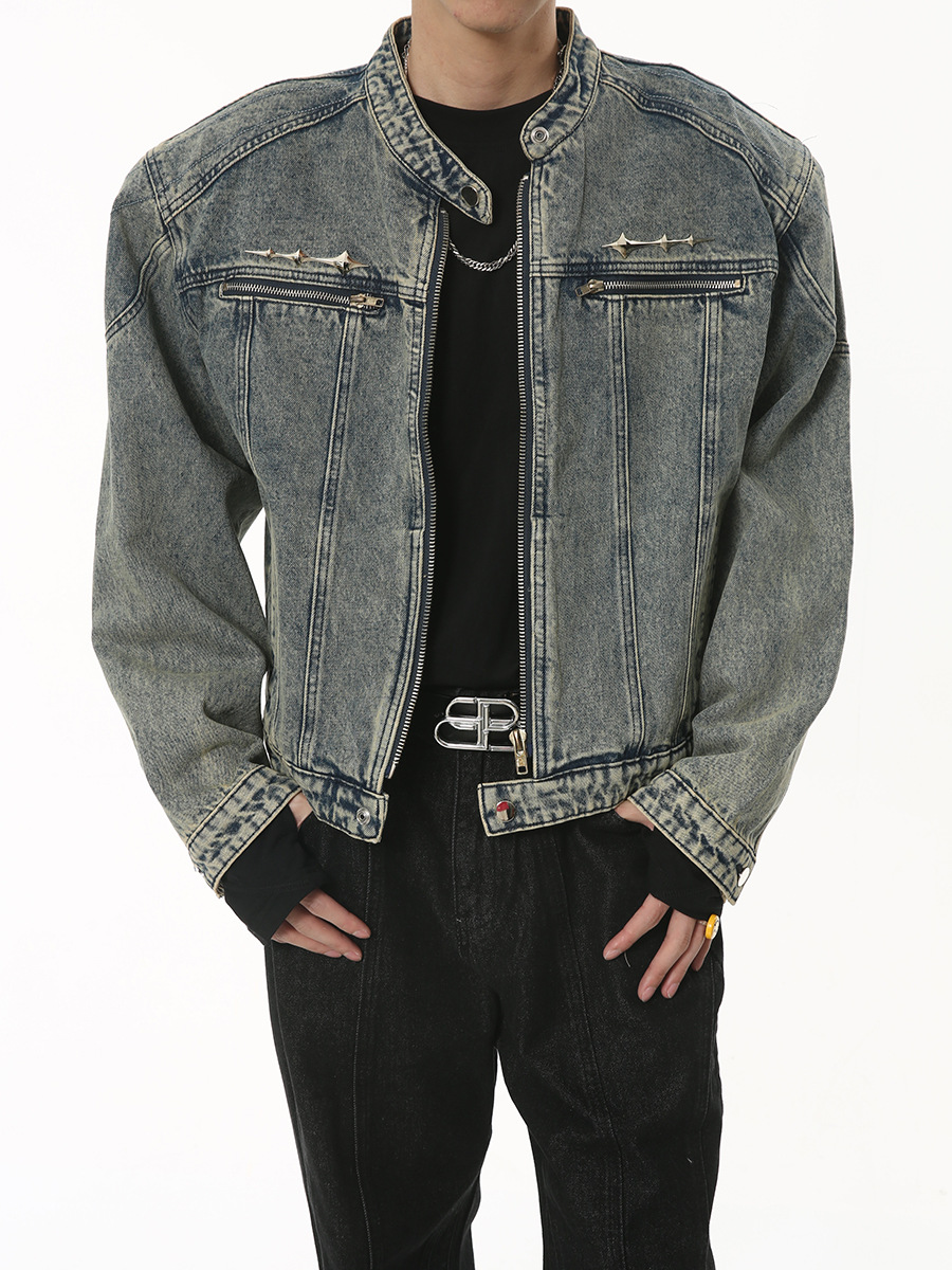 MTLClothes ropa de Hombre | 2023 otoño nuevo diseño de metal retro nicho apenado abrigo de mezclilla lavada