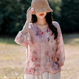 苎麻印花衬衫女2026夏季新款文艺复古V领七分袖宽松飘逸衬衣开衫