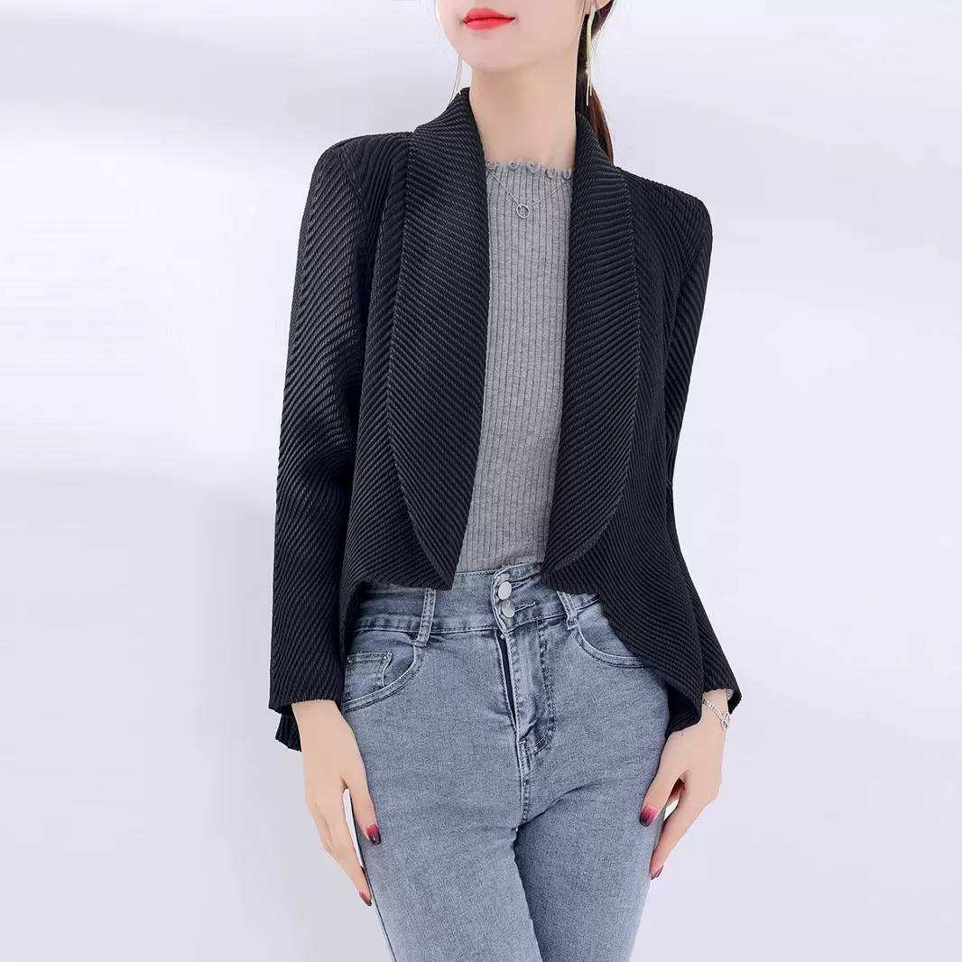 三宅专柜款肌理褶皱外套女短款秋季时尚修身百搭翻领开衫上衣外搭