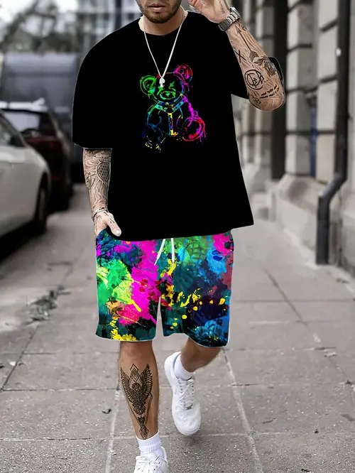 Cross-border 2025 nuevo estilo Amazon europeo y americano degradado de color manga corta cuello redondo camiseta pantalones cortos traje ME5 MA04