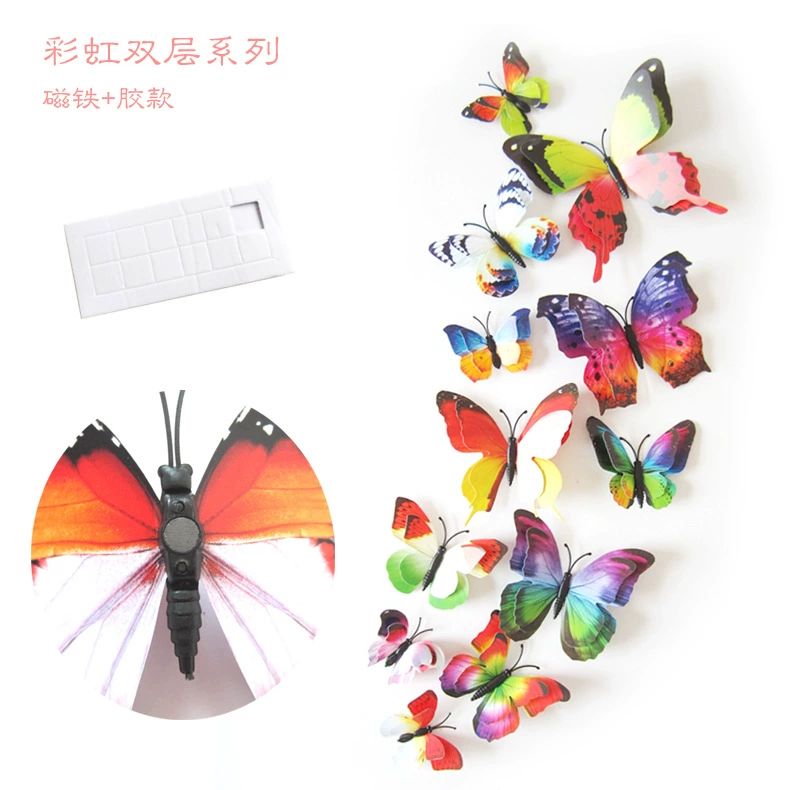 Double-layer creative set with butterfly, decorations, three dimensional fridge magnet on wall, 12 items