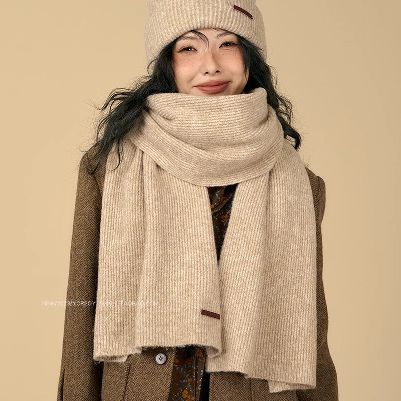 Solid color winter retro khaki knitted keep warm scarf