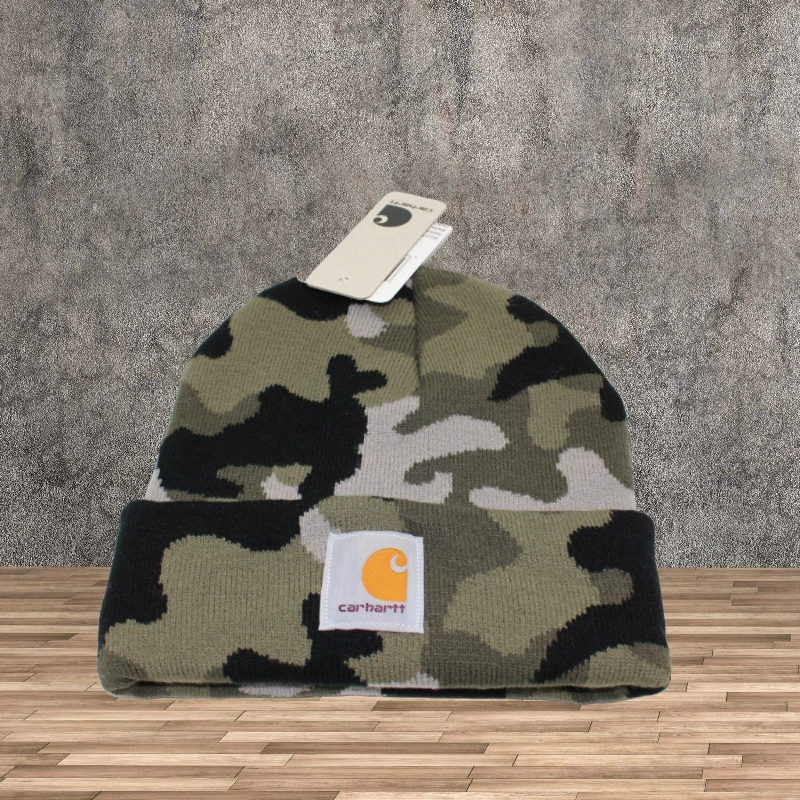 Длинная вязаная шапка с манжетами и жаккардовым камуфляжным принтом CARHARTT для мужчин и женщин, универсальная для езды на велосипеде на открытом воздухе и рабочей одежды.