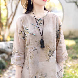 2022夏季文艺复古设计感盘扣短款中国风上衣女棉麻禅意别致衬衫女