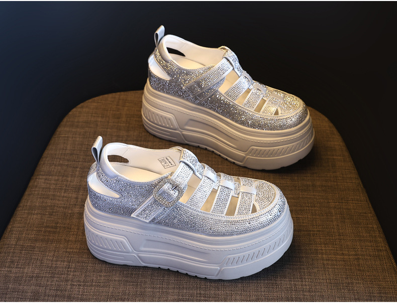 Giày sneaker nữ đế dày tăng chiều cao, phối đá rhinestone, kiểu dáng thể thao trắng tinh — màu trắng chi tiết 5