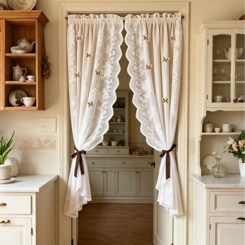 Champagne-Colored Lace Double-Layer Curtains, Butterfly Door Curtain, French Cream-Style Blackout Half-Curtain, No-Drill Rod-Punching Curtains