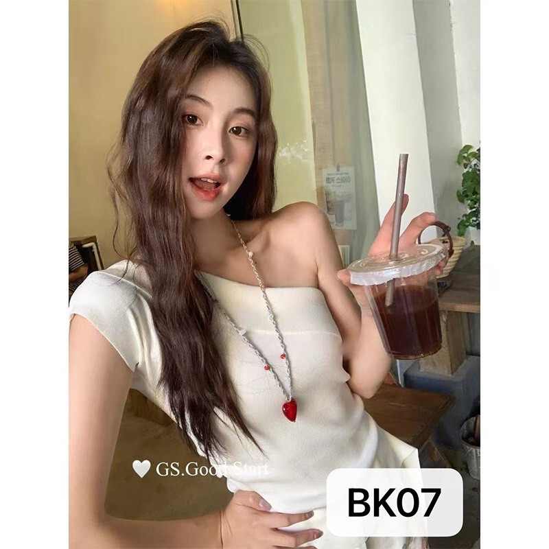 Young Sweet Girl's Knitted Sweater with One-Shoulder Design, Short-Sleeve T-Shirt for Women, Sweet and Cute, Elegant and Breathable, Cool Silk Fabric Young Sweet Girl's Knitted Sweater with One-Shoulder Design, Short-Sleeve T-Shirt for Women, Sweet and Cute, Elegant and Breathable, Cool Silk Fabric