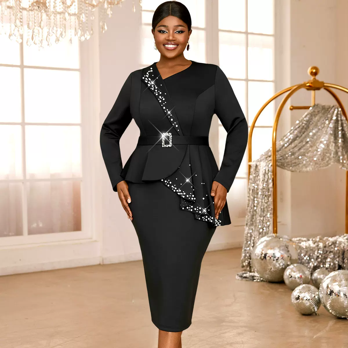 大码女装荷叶边钉珠连衣裙荷叶边黑色显瘦遮肚子款大码毕业礼服女