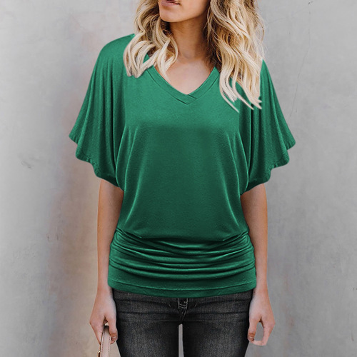 Plus-size women's solid-color V-neck batwing sleeves pleated hem loose casual short-sleeved top