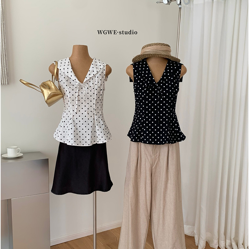 Wgwe8946 Navy Collar Polka Dot Slim Fit Vest Top for Outerwear, Korean Style Sweet and Elegant Slimming Sleeveless Top